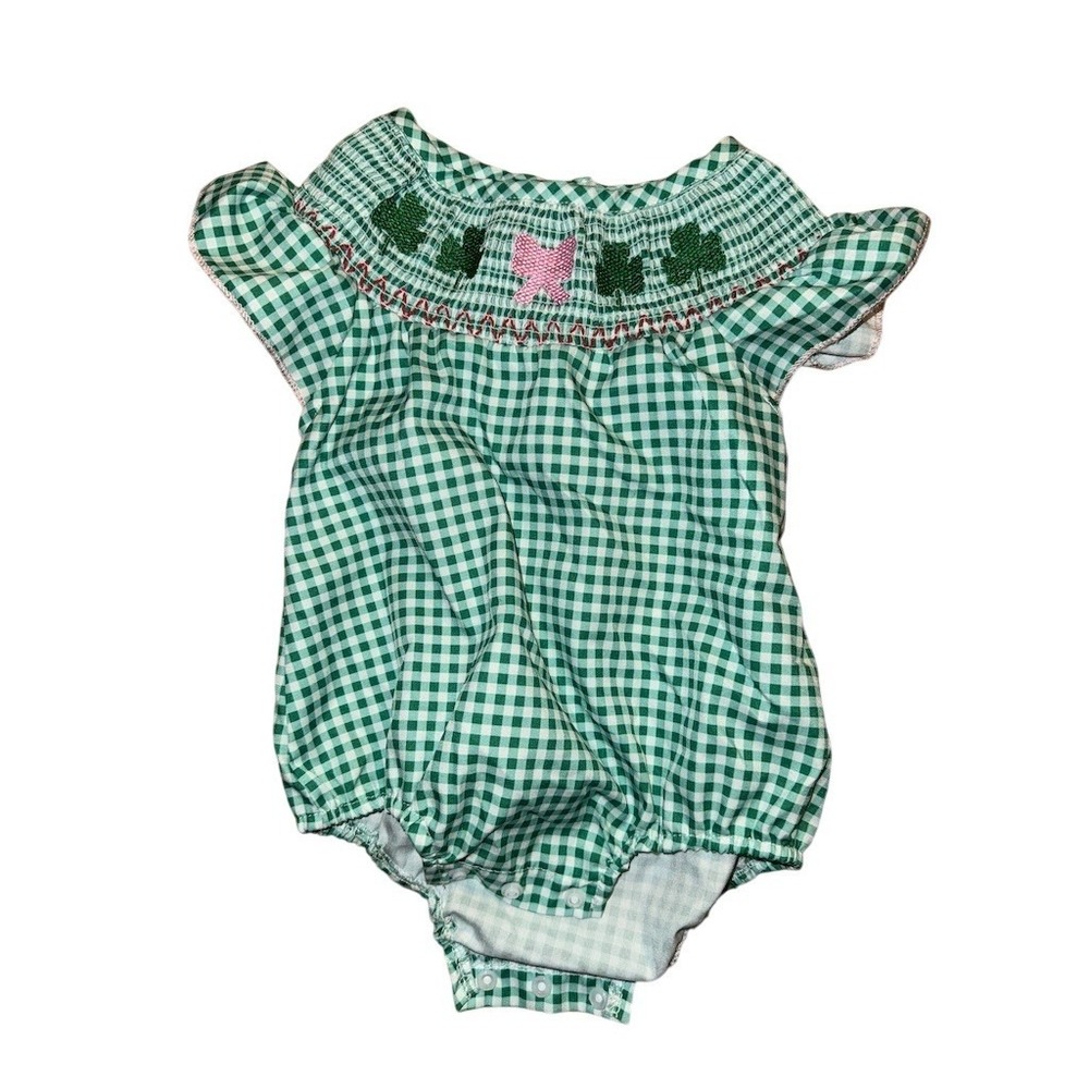 Baby Girl Green Gingham Smocked Shamrock Bubble Romper 0-3M St Patrick's day